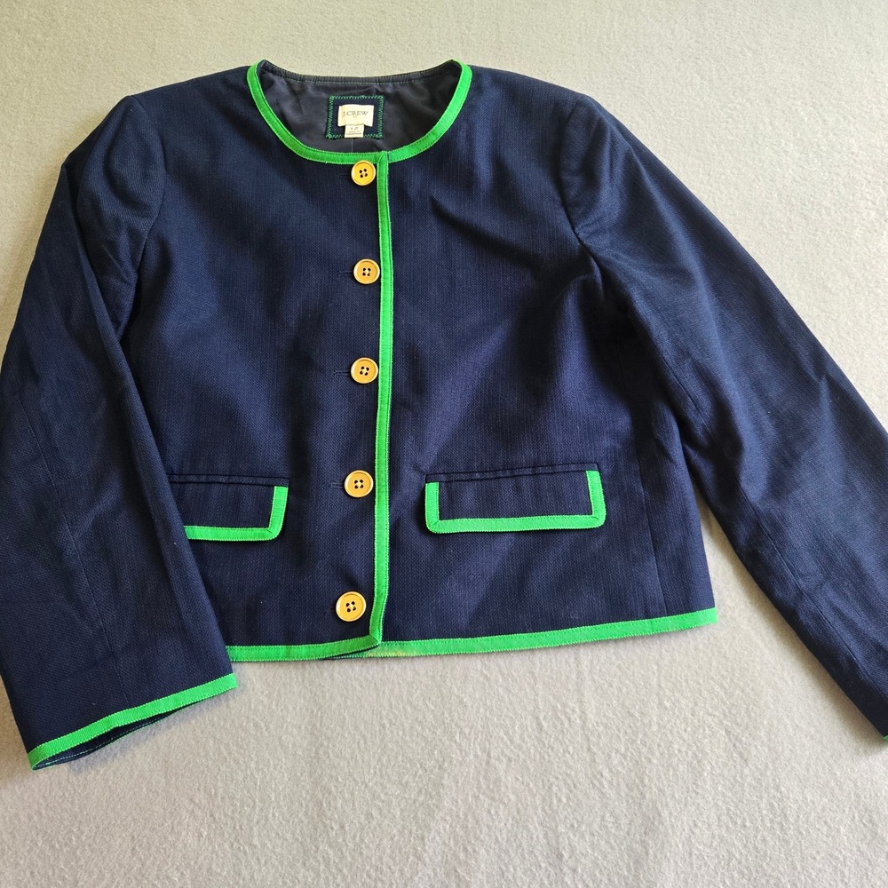 J.Crew Cropped Jacket Women 12 Navy Blue Neon Green Trim Gold Button Preppy